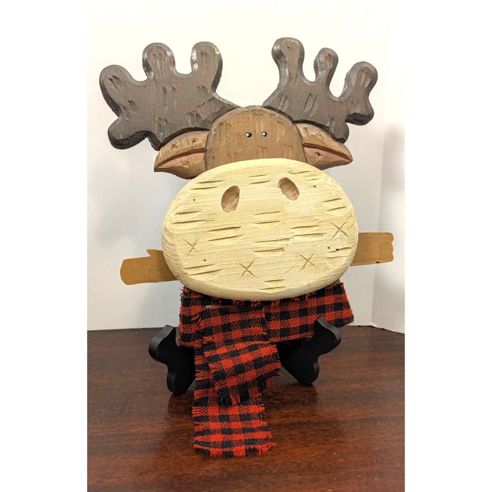 Handmade Rustic Wood Moose Wall Decor Buffalo Plaid Scarf Folk Art 12"